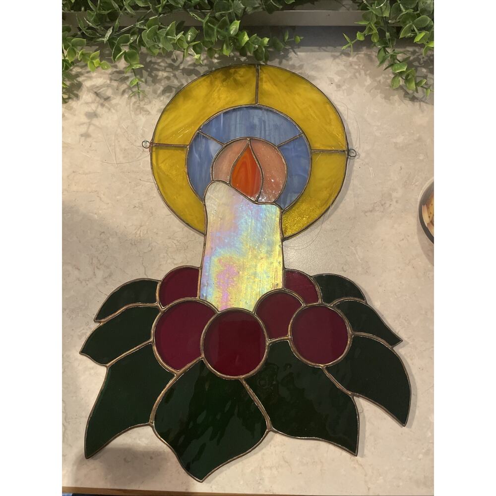 Vintage Stained Glass Christmas Window Leaded  Light Catcher Candle Large 16”